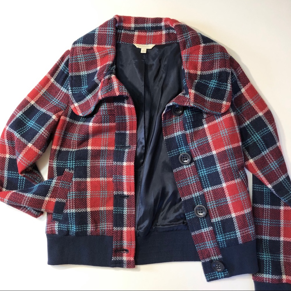 rubbish red blue Wool Blend Plaid Cropped Coat